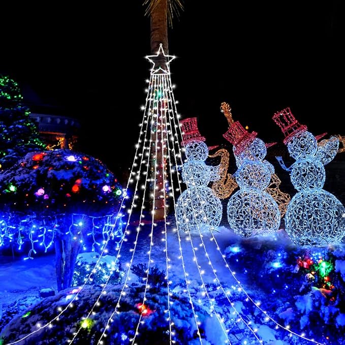 Christmas Decoration Lights, Outdoor Christmas String Lights 320 LED 11.5 Ft Waterfall Tree Light with Big Star Topper 8 Light Modes for Xmas New Year Holiday Garden Yard Indoor Outdoor Decor