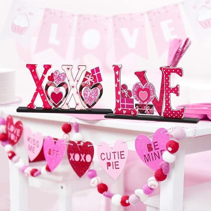 Valentine's Day Decorations Romantic Tabletop Centerpiece Signs Love Wooden Table Sign Valentines Decorations for Home Decor Gift Dining Room Table Wedding Anniversary Party