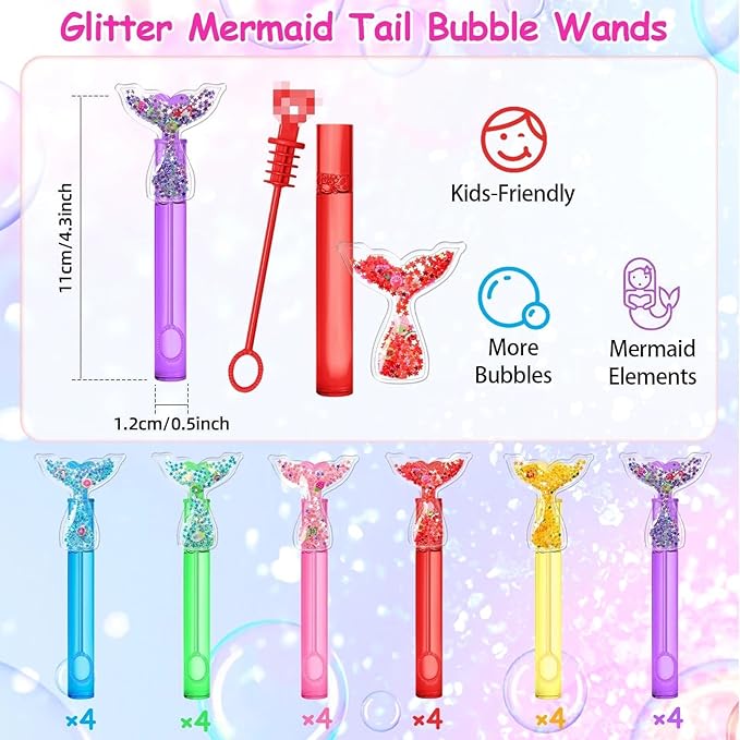 AFZMON 24Pcs Mermaid Party Favors Bubble Wands for Kids, Glitter Mermaid Tail Mini Bubbles Birthday Gift Toy Goodie Bag Stuffers Classroom Prizes Wedding Party Supplies Decorations
