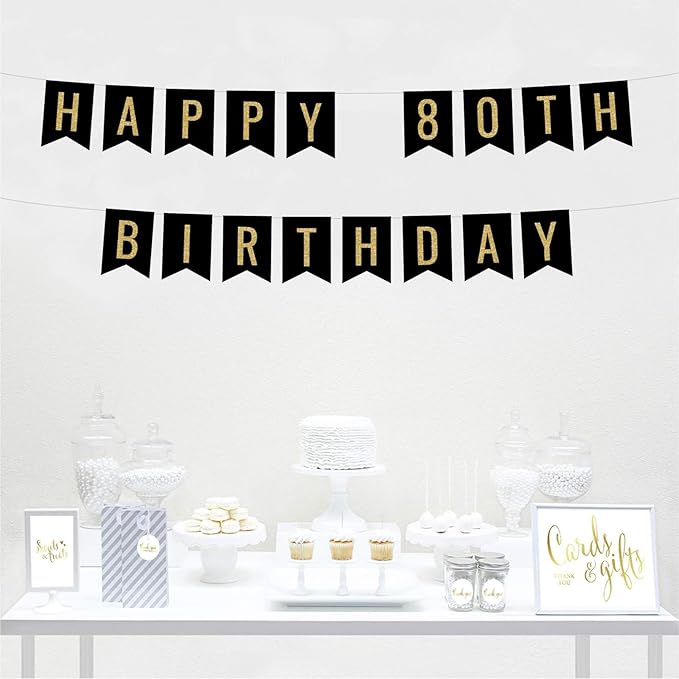 Andaz Press Faux Gold Glitter on Black Birthday Party Banner Decorations, Happy 80th Birthday, Approx 5-Feet, 1-Set, Milestone Colored Hanging Pennant Decor
