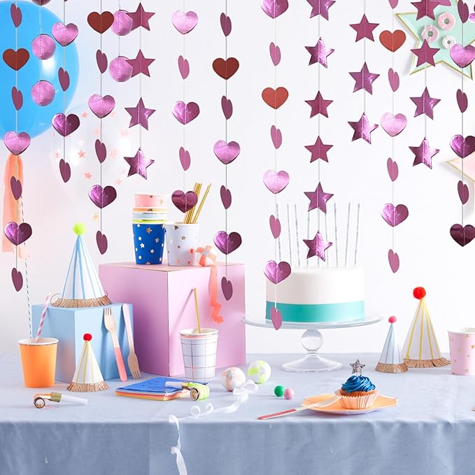 Pink Dot Heart Star Streamers 19.8 Feet Paper Garlands Glitter Disco Garland Hanging Banner for Birthday Homecoming Classroom Mothers Day Wedding Engagement Birthday Party Supplies