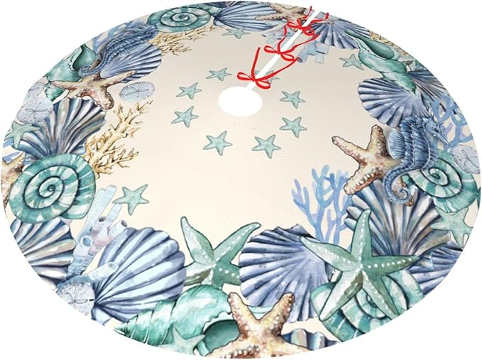 Shell Coastal Wreath Beach Starfish Sea Theme Seahorses Christmas Tree Skirt Xmas Tree Mat Halloween Christmas Tree Ornaments Decorations Holiday Party Indoor Outdoor 48"