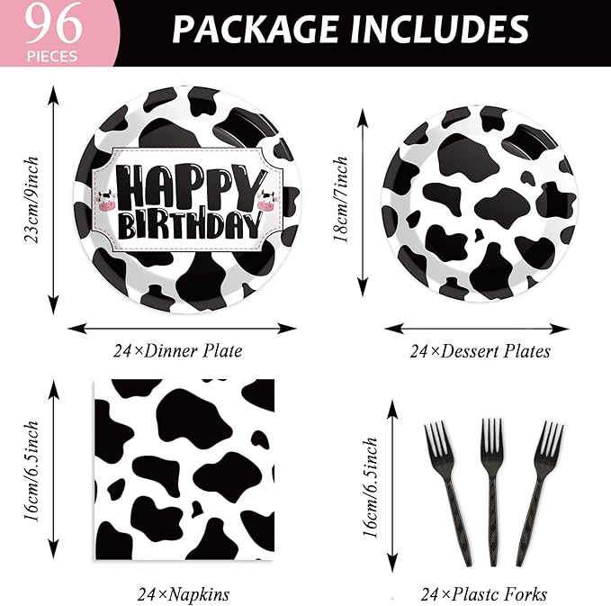 Wiooffen 96 Pcs Cow Print Birthday Party Supplies Farm Animal Cow Print Plates and Napkins Cow Party Tableware Set Cow Themed Party Decoration For 24 Guests