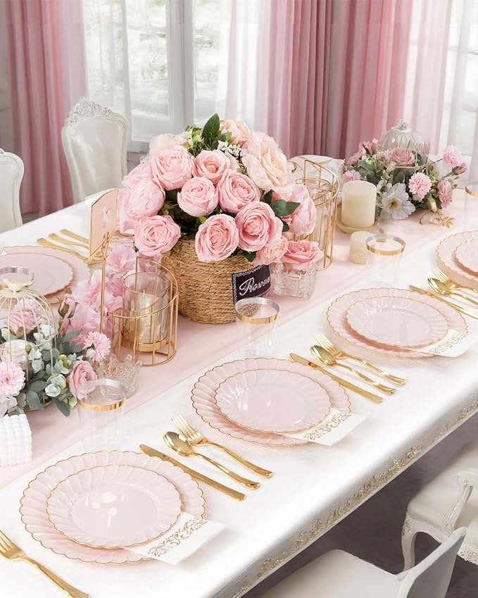 YOUBET 175PCS Pink Scalloped Plastic Plates - Gold Disposable Dinnerware Set Include 50 Plates, 75 Gold Silverware, 25 Cups, 25 Napkins for Party & Wedding & Baby Shower Easter Mothers Day