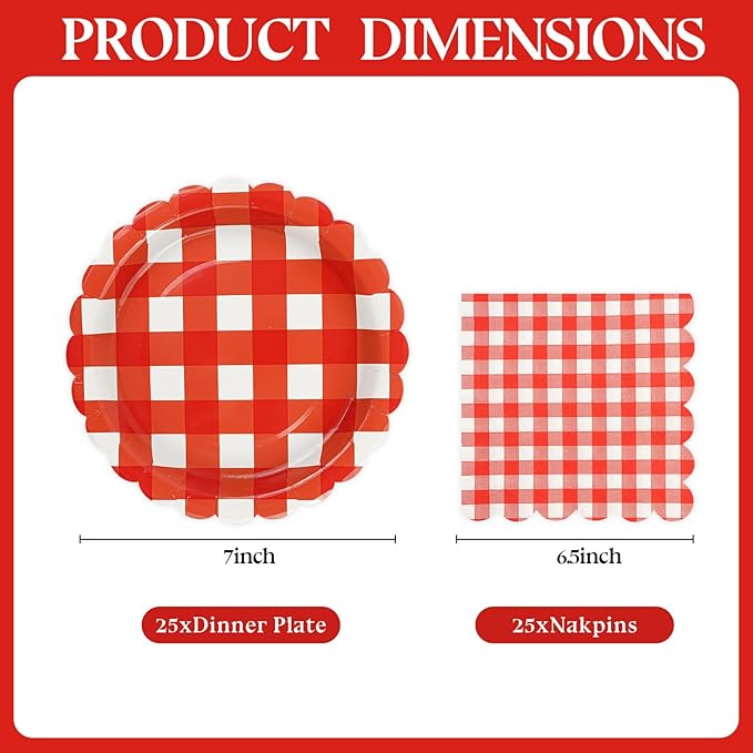 50PCS Red Gingham Party Supplies - 7Inch Red Scalloped Dessert Paper Plates and Napkins Set Disposable Plaid Dinner Party Set Cutlery for Baby Shower Birthday Wedding, Serve 25