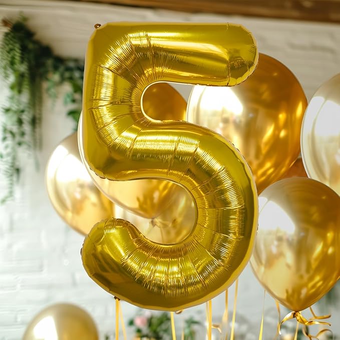 40 Inch Large Gold Number Celebration and Decoration Balloon for Birthday Parties, Graduations, Anniversaries, Weddings, Photo Shoots, Special Events - Helium Foil Mylar (Gold Number 5)