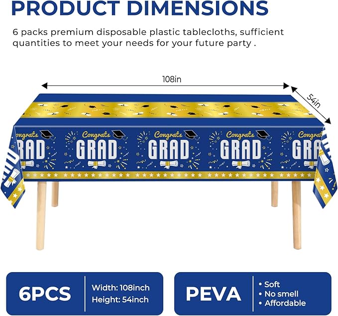 6 Pack Disposable Plastic Tablecloth 54" x 108" Blue Class of 2026 Grad Party Table Cloths Disposable for 6 to 8 Foot Tables Graduation Party Indoor or Outdoor (Graduation Blue)