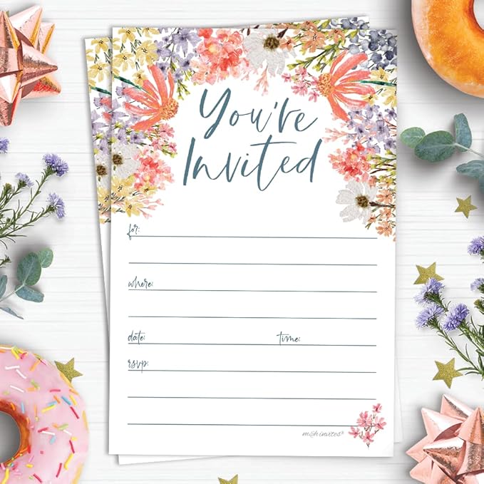 m&h invites Wildflower Invitations With Envelopes (20 Count) - Floral Boho Garden Theme For Bridal Shower, 1st Birthday, Adult Birthday, Brunch or Baby Shower
