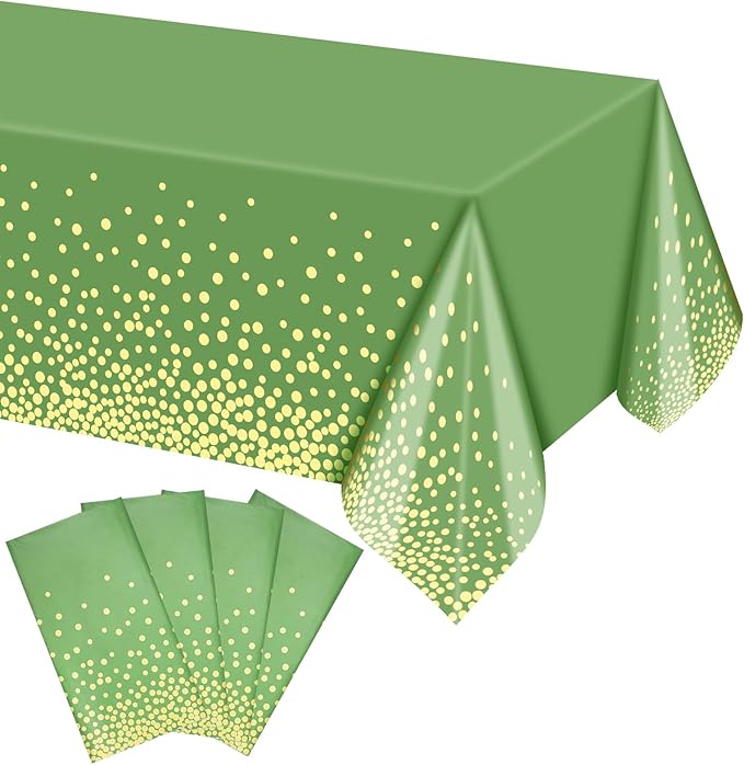 4 Pack Sage Green and Gold Plastic Tablecloth, Green Disposable Table Cloth 54"x108", Gold Dot Tablecloth for Birthday Baby Shower Graduation Party Decorations