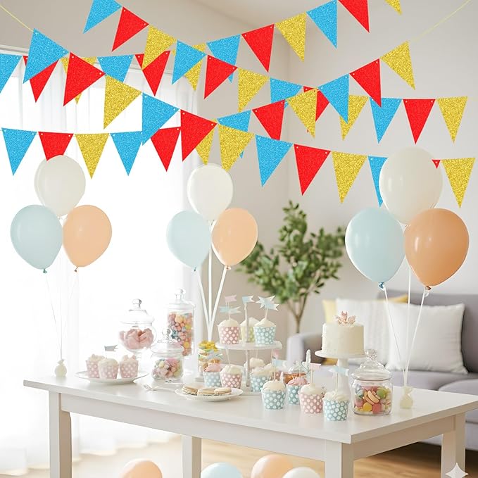 48 Pcs Colorful Triangle Banner Flag Pennant Banner Flags Glitter Garland Wall Door Hanging Banners for Birthday Graduation Classroom School Party Backdrop Decorations Gold, Red, Blue