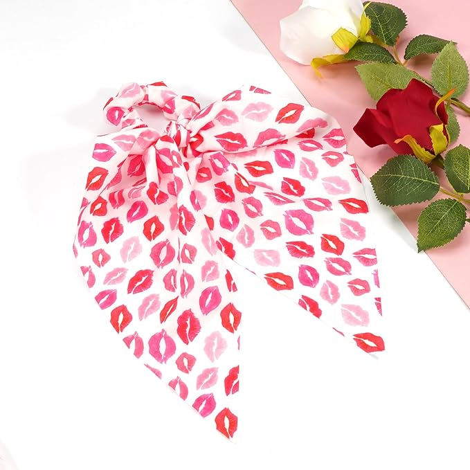 Valentine's Day Hair Ties for Woman Girls Heart Ribbon Valentines Hair Scrunchies Elastic Pink Stripe Lip Hair Tie Party Supplies Hair Accessories 2PCS