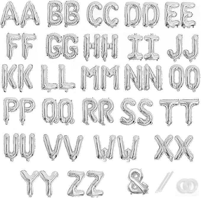 53 Pcs Silver Foil Letter Balloons with “&” Symbol, 16 Inch 2 A-Z Sets - Mylar Alphabet Balloons for Custom Banner & Party Decorations