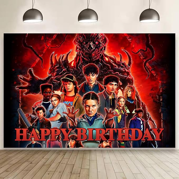Stranger Season 5 Things Birthday Decorations, Stranger Season 5 Things Happy Birthday Banner Backdrop for Kids Birthday Party Supplies (5x3ft)