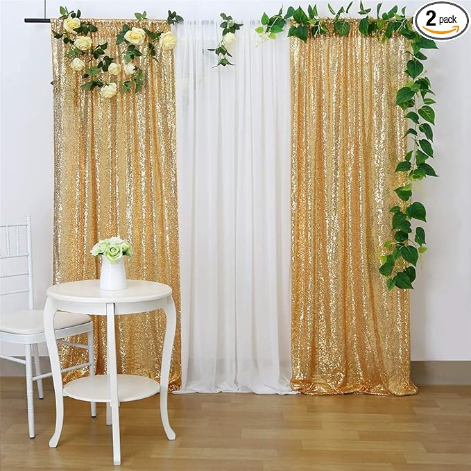 Juya Delight 2ft x 8ft x 2Pcs New Gold Sequin Photography Backdrop Curtain for Party Banquet Festival Wedding Anniversary Exhibition