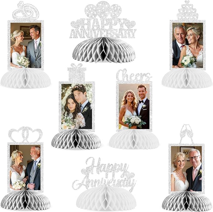 Cheereveal 8 Pieces Happy Wedding Anniversary Honeycomb Centerpiece, Silver Glitter Photo Table Topper, Anniversary Theme Party Supplies for Adult 10th 20th 25th 30th 40th 50th 60th Decorations