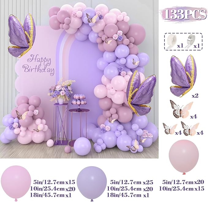 Purple Butterfly Balloon Arch Garland Kit 133pcs Pastel Purple Pink Foil Balloons Arch Kit for Butterfly Birthday Party Decorations Baby Shower Decorations for Girls