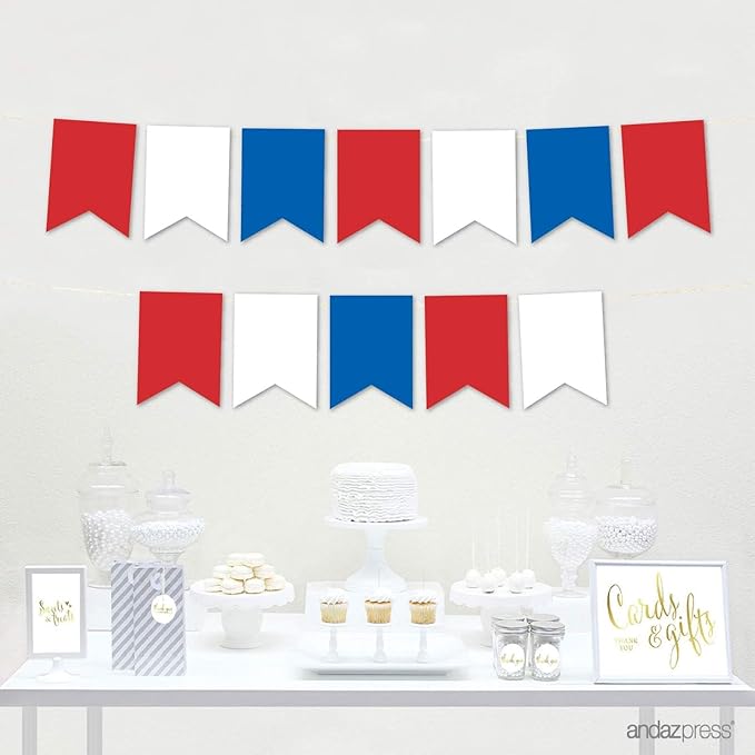Andaz Press Hanging Pennant Banner with String, Red, White, Royal Blue, 1-Set, 24 Pennants, Approx. 12-Feet Long, 4th of July Theme Colored Supplies