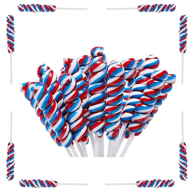 Red White and Blue Twisty Lollipops Individually Wrapped Twist Suckers Bulk for Party Favors Kid's Lollipop Candy for Birthday Blueberry Flavors 30 Pack