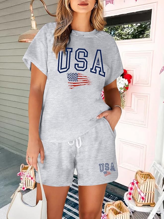VILOVE 4th of July 2 Piece Sequin Outfits Women 250 Anniversary Usa Shirts and Short Sets Casual Patriotic Shirt Summer Set