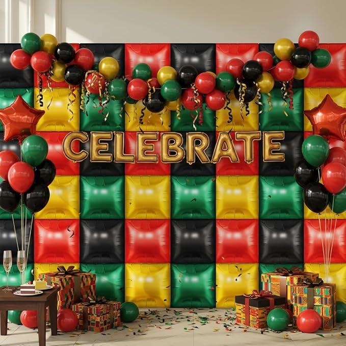 50 Pcs Juneteenth Party Decoration 19'' Double Sided Square Foil Balloons in Red Green Gold Black Juneteenth Backdrop 1865 Freedom Day Supplies African American Celebration Wall Backdrop