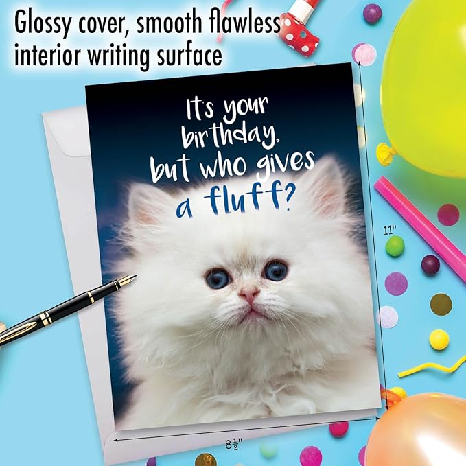 NobleWorks - Hilarious Happy Birthday Card with Envelope (8.5 x 11 Inch) - Funny Animal Greeting Card From All Of Us - Fluffy Kitten J3224BDG-US