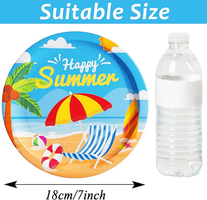 Wiooffen 48 Pcs Summer Beach Party Plates 7inch Birthday Party Disposable Paper Dessert Plate Supplies Decorations Beach Theme Plates Tableware for Birthday Baby Shower