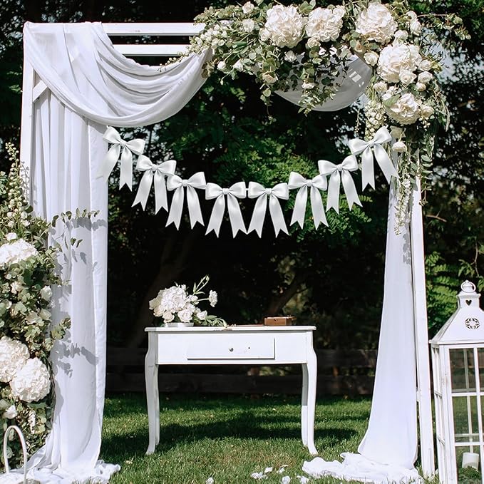 2 Strings of 16PCS White Bow Garlands Banner Decoration,Pre-Strung Satin Ribbon Ornaments for Birthday,Bachelorette Party,Bridal Shower,Wedding,Engagement,Baby Shower, Graduation Decor,Anniversary