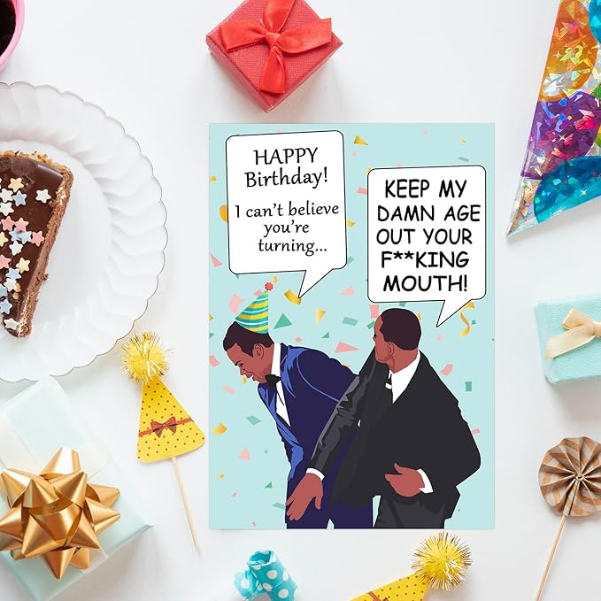 PIUST Funny Birthday Card Meme, Keep My Dawn Age Out Your fucking Mouth card, Will Smith Slaps Chris Rock Happy Birthday Card, Oscars Meme Birthday Cards (20)