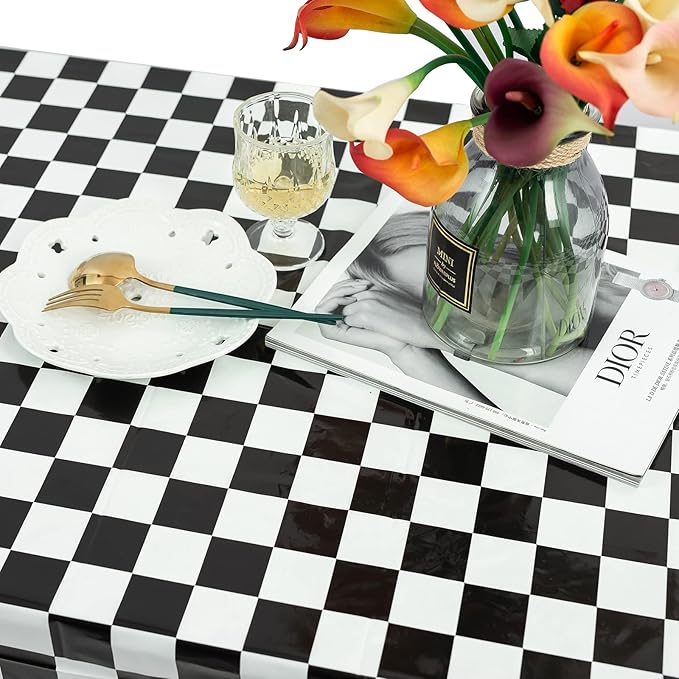 Kesfey 8 Packs Black and White Checkered Tablecovers 54 x 108 Inches Disposable Party Picnic Table Cloth Splashproof Plastic Checkered Tablecovers for Camping Decoration Party Favors