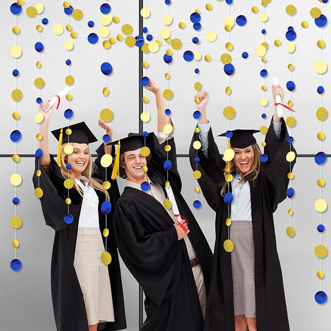 Outus 10 Pieces Blue,Gold Round Dots Garland Easter Graduation Party Hanging Decor Each Length 13.1ft Glitter Paper Dot Streamers for Birthday Wedding Classroom