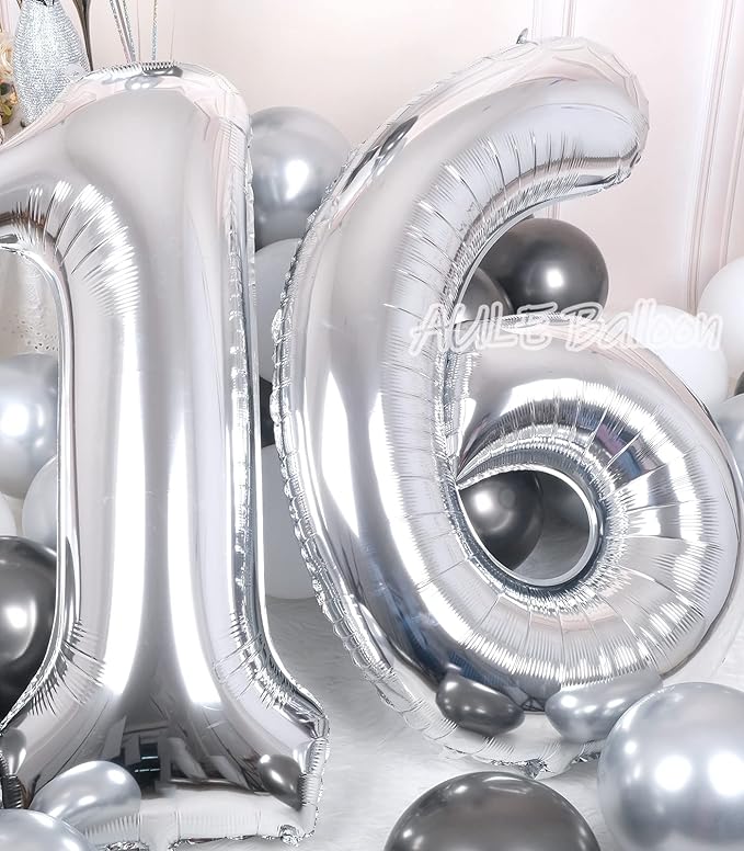 AULE 40 Inch Big Silver Foil Mylar Number Balloons for Boy Girl 16th Birthday Party Decorations 16 Years Old Giant Anniversary Party Supplies