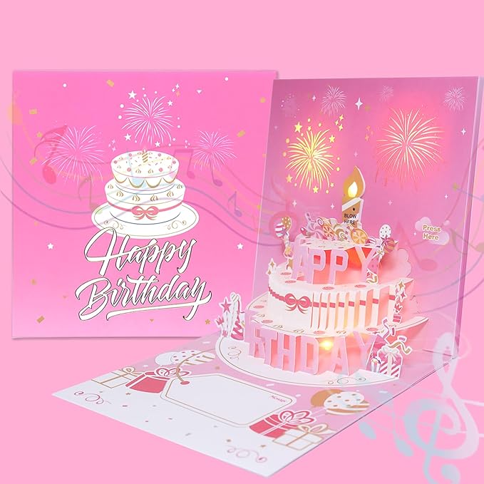 Musical Birthday Cards with Light and Music, Blowable, 3D Birthday Popup Cards for Men & Women– Plays Hit Song 'HAPPY Birthday' (pink)