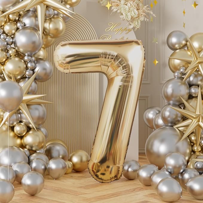 AULE 40 Inch Large 7 Balloon Numbers Light Gold, Big Foil Number Balloons, Giant Helium Happy Birthday Party Decorations for Man and Women, Huge Mylar Anniversary Party Supplies