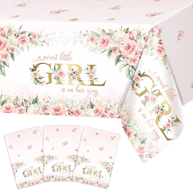 Avezano 3 pcs Girl Baby Shower Tablecloth 108x54 inch Pink Floral Baby Shower Party Tablecovers Disposable A Sweet Little Girl is on Her Way Table Cloth Plastic