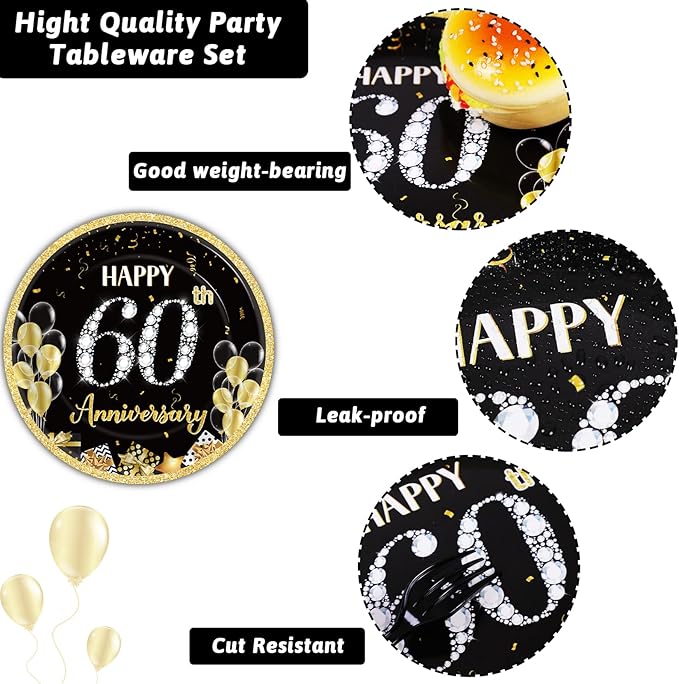 chiazllta 96 Pcs 60th Wedding Anniversary Party Paper Plate and Napkins Supplies Gold Black Disposable Tableware Anniversary Party Paper Plates Napkins Supplies for Party Favors 24 Guests