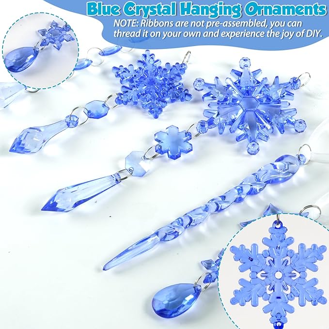 18pcs Crystal Christmas Ornaments for Christmas Tree Decorations-Royal Blue Hanging Acrylic Snowflake and Icicle Ornaments with Drop Pendants for New Year Party Decorations Supplies