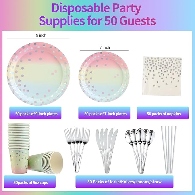 400Pcs Disposable Party Dinnerware Set, Paper Tableware Set, Disposable Party Supplies Happy Birthday Paper Plates, Napkins, Cups, Plastic Forks Knives Spoons Straws Favor for 25 Guests