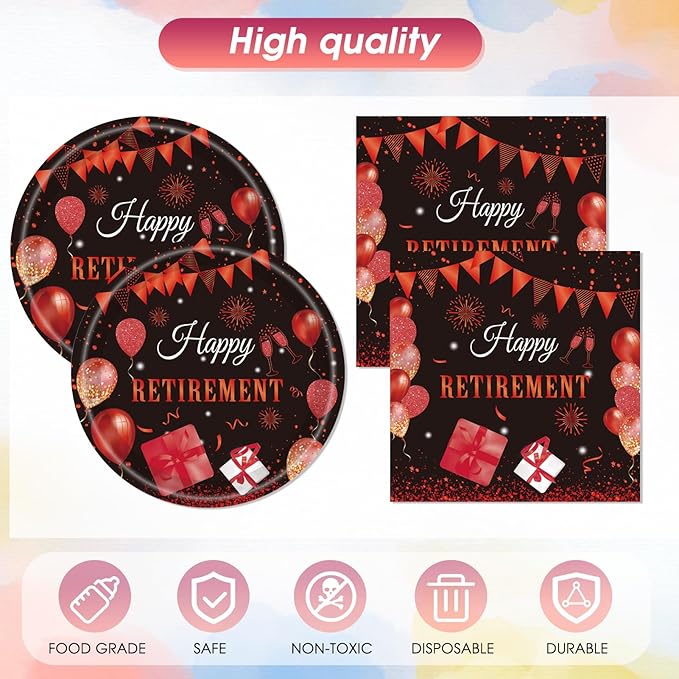 41PCS Retirement Party Supplies,Black Red Happy Retirement Party Decorations for Women Retired Paper Plates and Napkins Plastic Tablecloth for Women Going Away Disposable Dinnerware Set