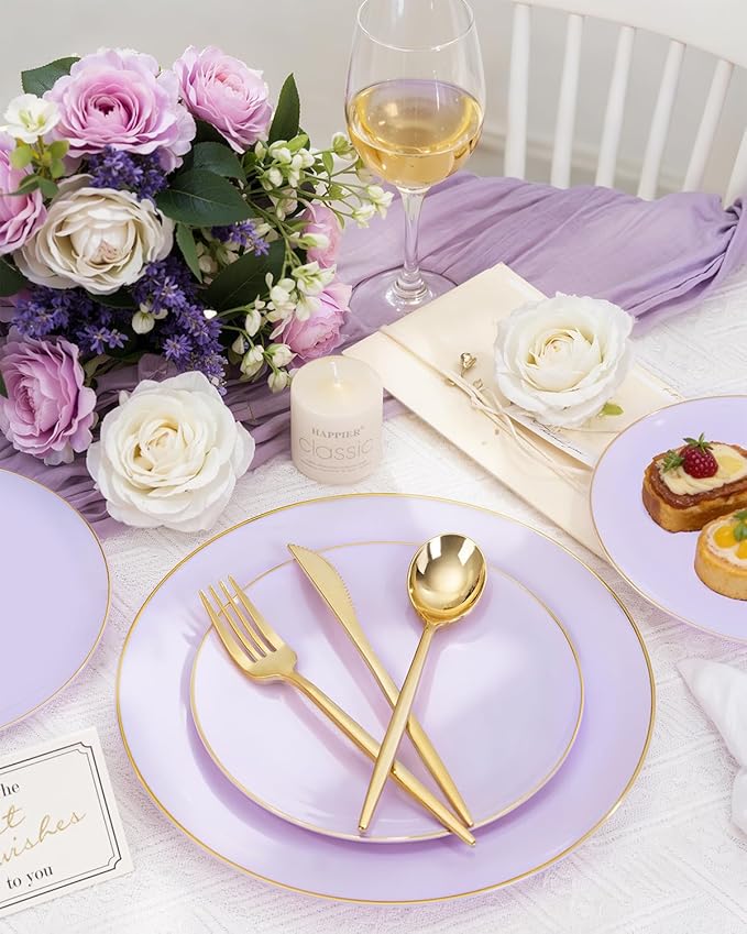 bUCLA 150PCS Purple Plastic Plates - Light Purple and Gold Disposable - Include 25 Each (Dinner & Dessert) lavender Plates, 25 Knives, 25 Forks, 25 Spoons & 25 Cups for Party, Easter & Wedding