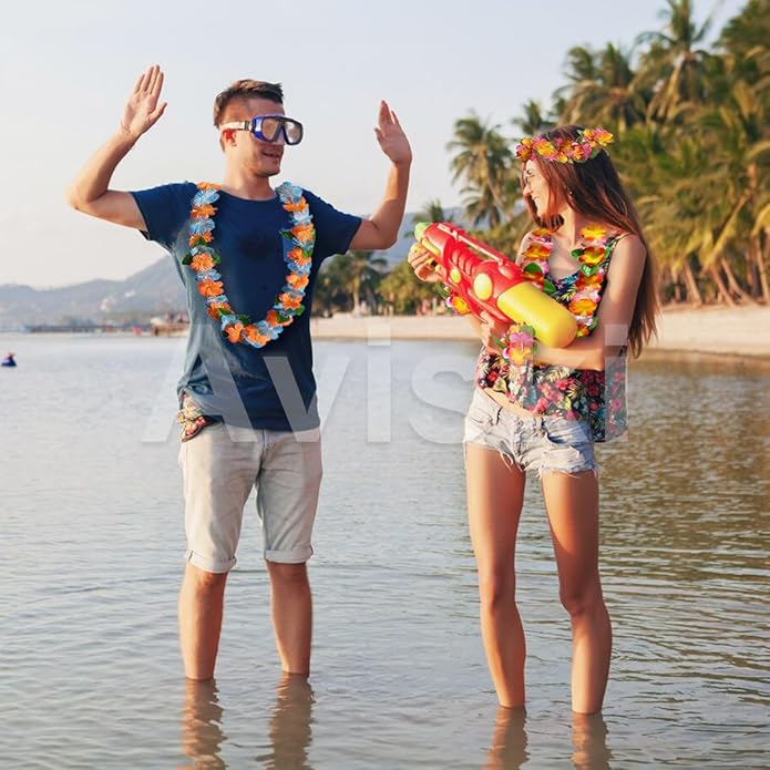 32pcs Hawaiian Leis Party Decorations, Necklace Flowers Bracelets Headband, Tropical Hawaiian Party Night Bar Vacation