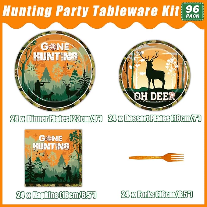96 Pcs Hunting Camo Party Paper Plates Napkins, Oh Deer Baby Shower Birthday Party Decorations Supplies Disposable Dinnerware Tableware for Boys, Serves 24