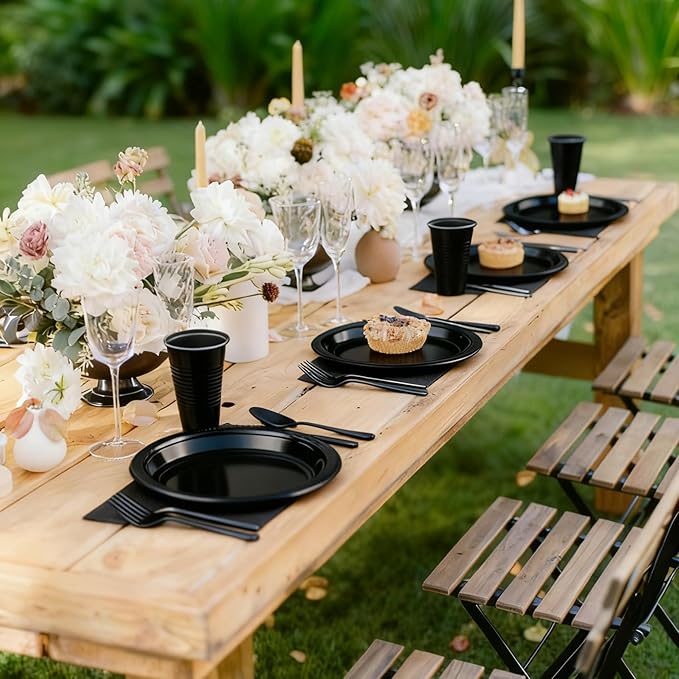 200pcs Black Plastic Party Plates Set, Disposable Black Plates and Napkins for Party, 50 Of Each 9" Dinner Plate, Napkins, Cups & Cutlery Plastic Dinnerware for Retirement, Graduation, Birthday, BBQ