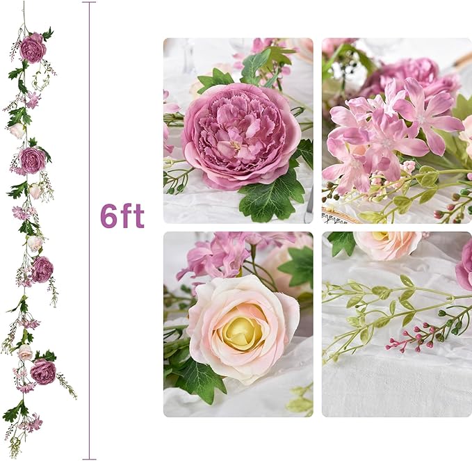 Lvydec 2 Pack Artificial Peony Flower Garland - 6ft Silk Peony Red Flower Garland Arch Flower Vine for Wedding Party Table Decoration (2, Deep Ruby red)