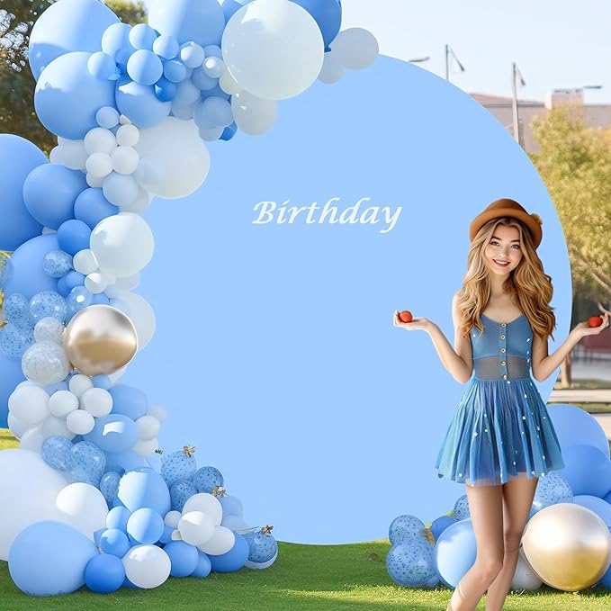 Gallety 7.2FT Baby Blue Round Backdrop Cover with Size Adjuster & 4 Metal Clips, Universal Fit for 5ft-7.2ft Circle Stand, Polyester Fabric Arch Cover for Wedding, Birthday Party, Photography Decor