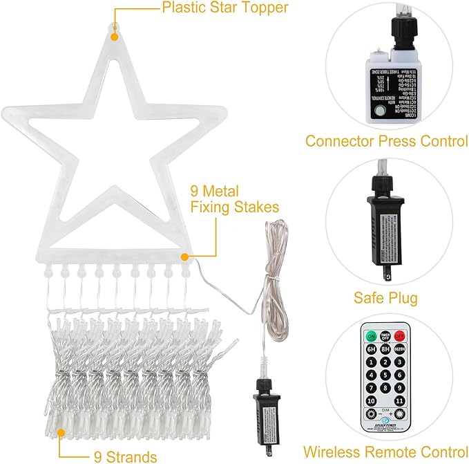 Christmas Decoration Lights, Outdoor Christmas String Lights 320 LED 11.5 Ft Waterfall Tree Light with Big Star Topper 8 Light Modes for Xmas New Year Holiday Garden Yard Indoor Outdoor Decor