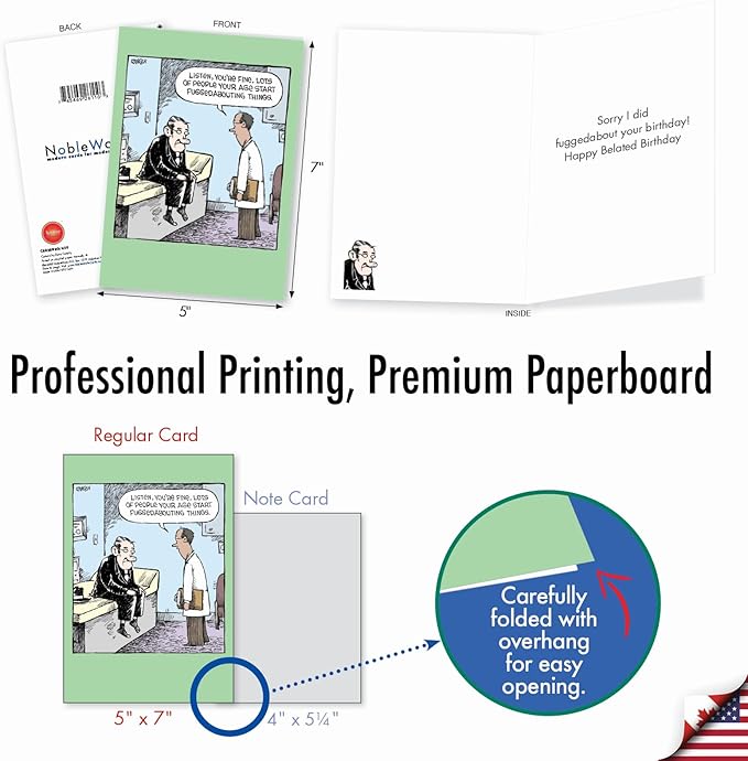NobleWorks - 1 Humor Belated Birthday Card with Envelope - Funny Cartoons for Birthday Greetings, Celebration Notecard - Fuggedabouting Things C8828BEG