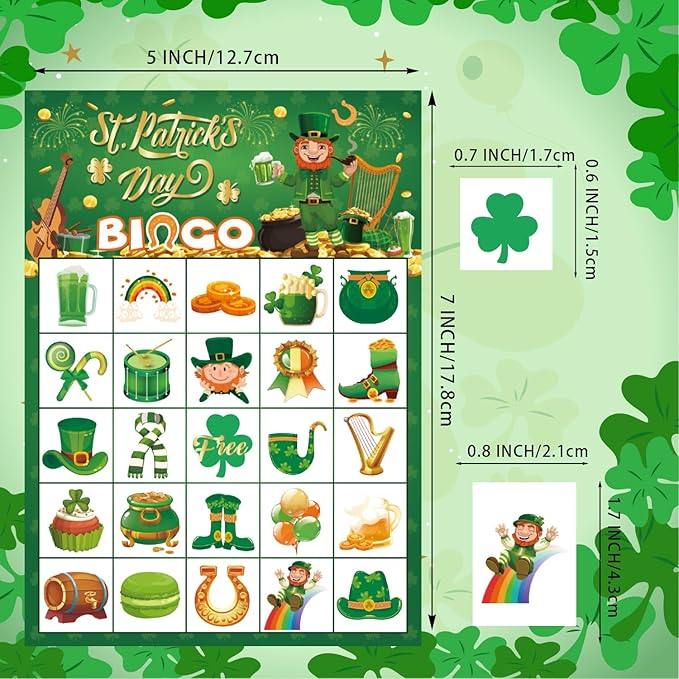 JGCWorker St. Patrick's Day Bingo Game - Fun Party Supplies for Kids Adults, 24 Players, Festive Irish Themed Craft Cards for School Classroom, Family Activities, and St. Patty's Party Favors