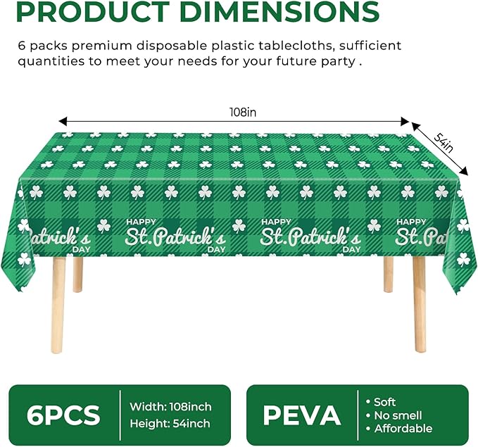 6 Pack Clover Checkered Disposable Plastic Tablecloth 54" x 108" Green Shamrock Party Table Cloths Disposable for 6 to 8 Foot Tables St Patricks Day Party Indoor or Outdoor (Clover Checkered)