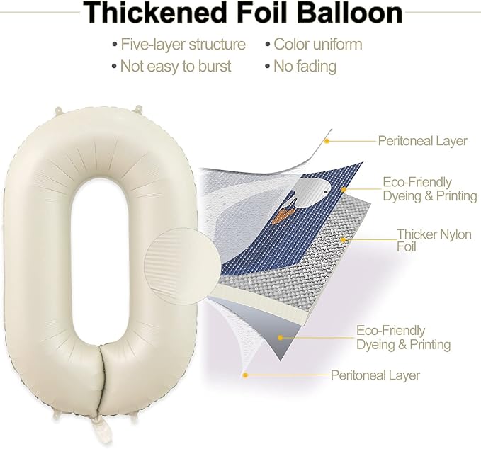 0 Number Balloon, Number Balloons 40 Inch, Sand White Large Big Foil Number Balloons for Birthday Party Graduation Wedding Anniversary Baby Shower Bachelorette Decoration Supplies