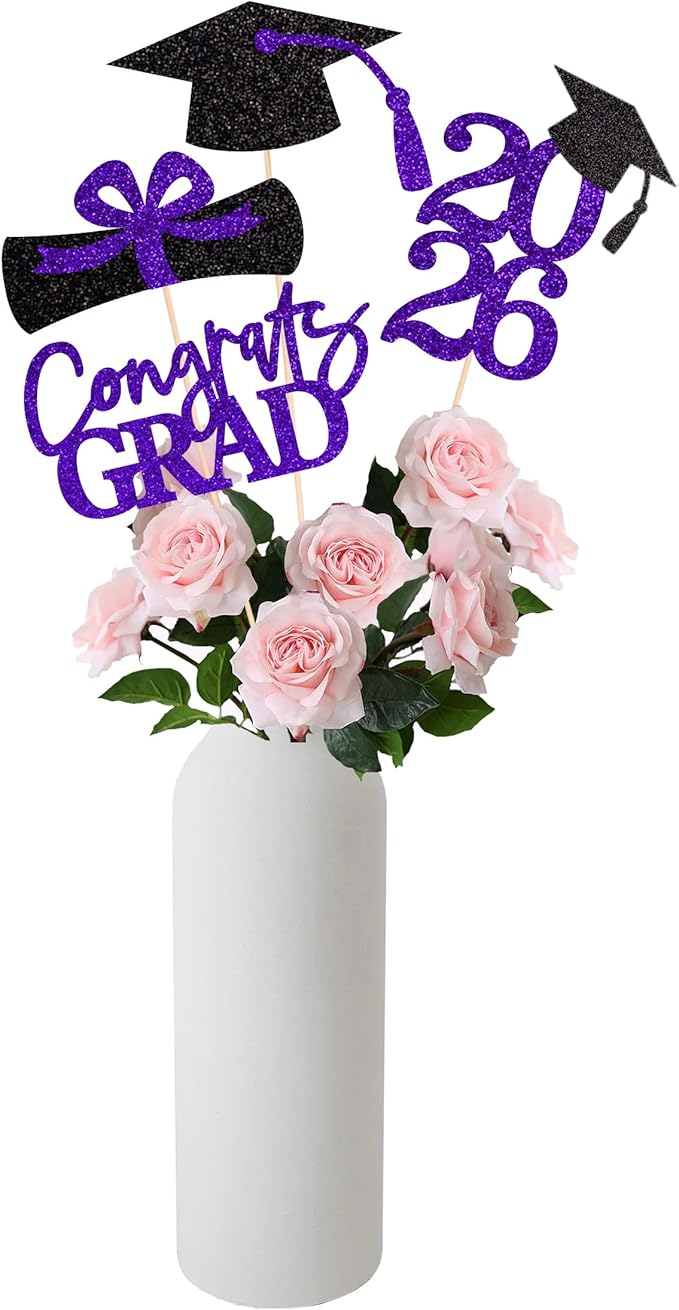 Gexolenu 16 PCS Purple and Black Double-Sided 2026 Graduation Centerpieces for Tables, 2026 Table Toppers Party Centerpiece Sticks Party Supplies, Graduation Party Decorations Class of 2026, Set of 4